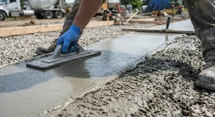 Gloved hands hand-floating the edge of a freshly poured concrete slab