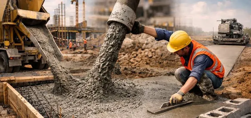 Fresh concrete pouring from a boom line onto a slab while a worker floats the surface — concrete contractor insurance in Florida