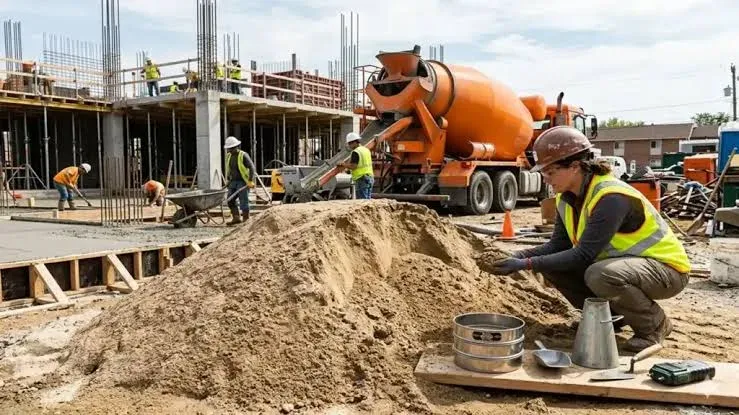 A field technician performing a concrete slump test beside a mixer truck at a jobsite — concrete business insurance