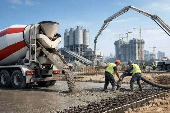 A ready-mix mixer discharging concrete with batch-plant silos and tower cranes behind — ready-mix concrete insurance in Washington