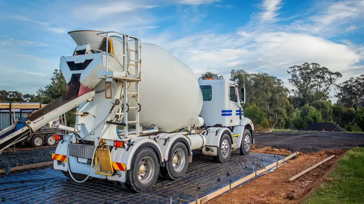 A ready-mix mixer truck parked over a rebar-gridded slab bed — ready-mix concrete insurance in Kansas